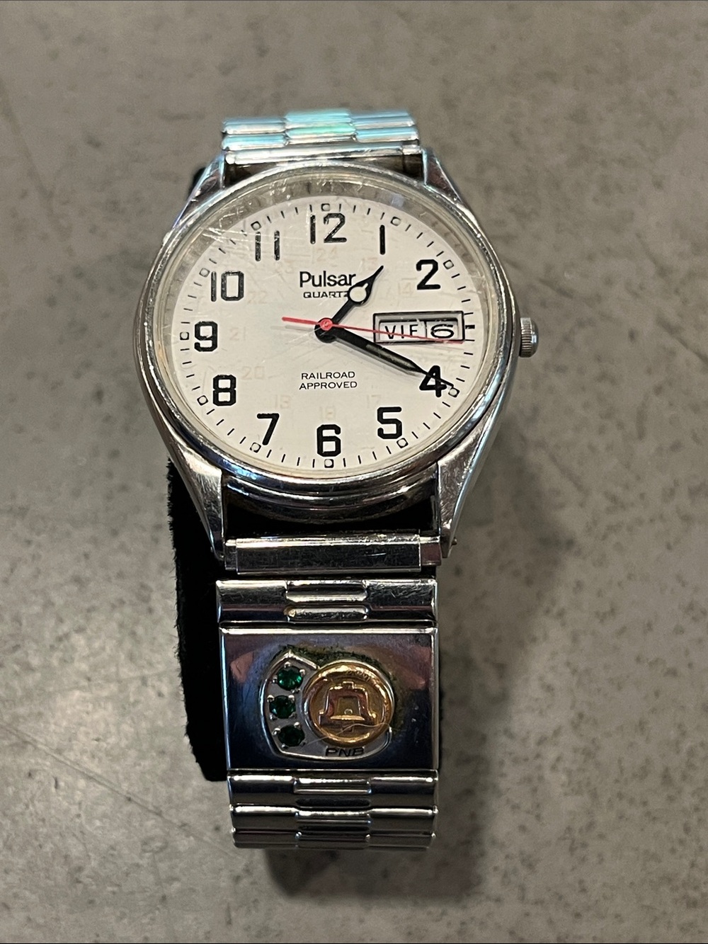 Vintage Pulsar Railroad Approved Watch Day Date Quartz Stainless Steel.